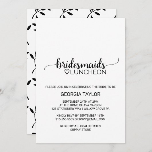 Simple Black Calligraphy Bridesmaids Luncheon Einladung (Vorne/Hinten)