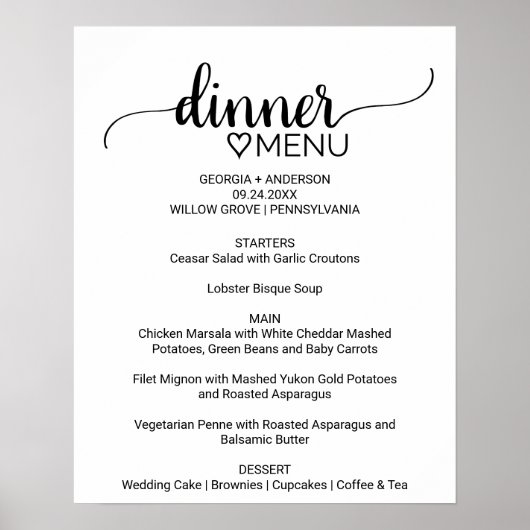 Simple Black Calligraphy Dinner Menu Sign Poster (Vorne)
