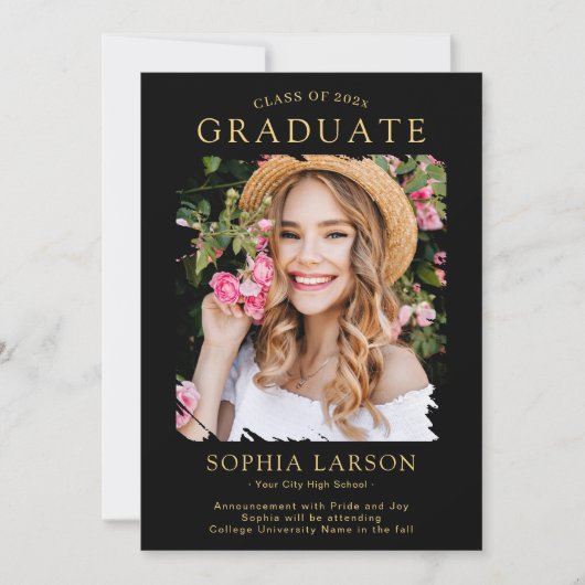 Simple Black Gold Brush Stroke Foto Abschluss Ankündigung (Vorderseite)