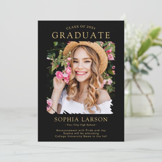 Simple Black Gold Brush Stroke Foto Abschluss Ankündigung (Stehend Vorderseite)