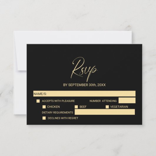 Simple Black Gold Wedding RSVP with Menu Options  (Vorderseite)