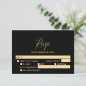 Simple Black Gold Wedding RSVP with Menu Options (Stehend Vorderseite)