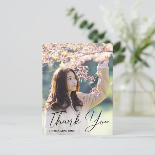 Simple Black Script Foto Abschluss Vielen Dank Postkarte (Stehend Vorderseite)