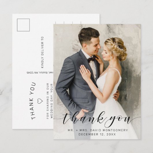 Simple Black Script Wedding Foto Vielen Dank Postkarte (Vorne/Hinten)