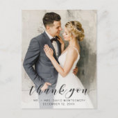 Simple Black Script Wedding Foto Vielen Dank Postkarte (Vorderseite)