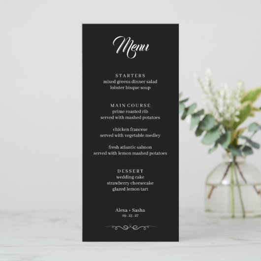 Simple Black & White Elegant Minimalist Wedding Menükarte (Stehend Vorderseite)