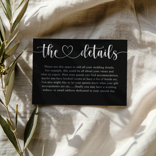 Simple Black & White Heart Wedding Details Begleitkarte