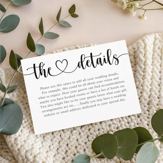 Simple Black & White Heart Wedding Details Begleitkarte