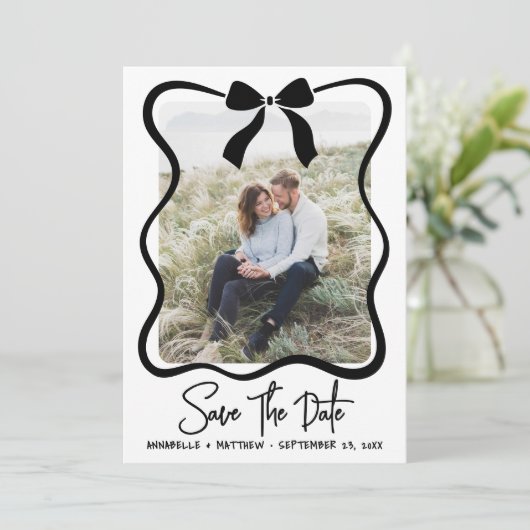 Simple Black White Photo Wedding Save The Date (Stehend Vorderseite)