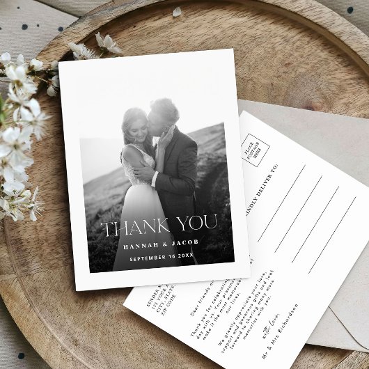 Simple Black White Photo Wedding Thank You Postkarte