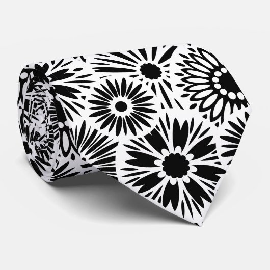 Simple Black White Retro 70s Graphic Daisy Pattern Krawatte (Gerollt)
