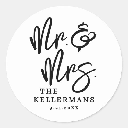 Simple Black White Script Wedding Runder Aufkleber (Vorderseite)
