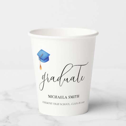 Simple Blue Abschluss Hat Script Graduate Pappbecher (Rückseite)