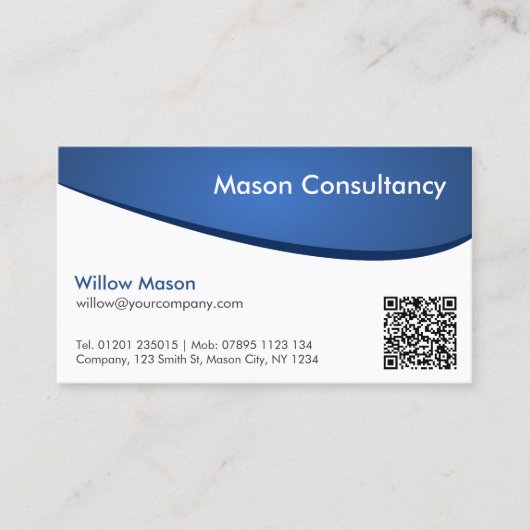Simple Blue and White Curved QR Code Business Card Visitenkarte (Vorderseite)