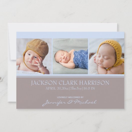 Simple Blue Baby Boy Foto Collage Birth Ankündigung (Rückseite)