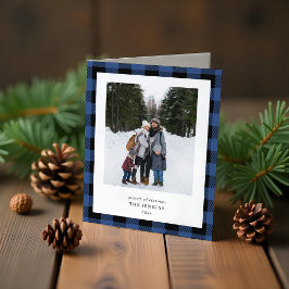 Simple Blue Black Plaid Border 3 Photo Christmas Feiertagskarte