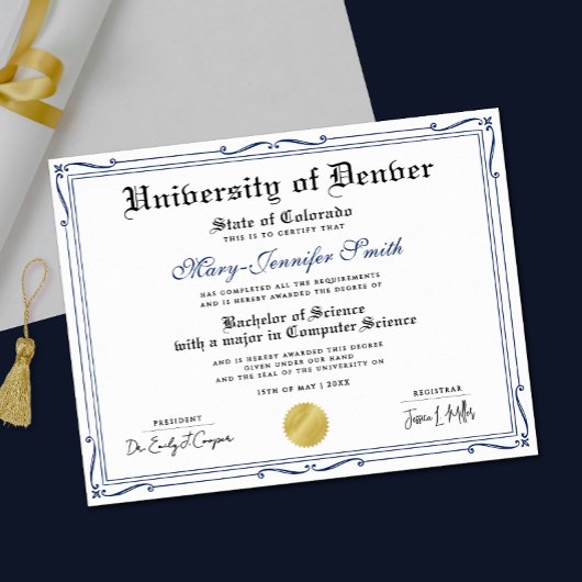 Simple Blue Black School Grad Authentic Diploma Poster