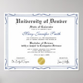 Simple Blue Black School Grad Authentic Diploma Poster (Vorne)