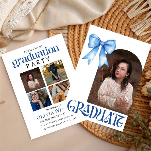 Simple Blue Bow Design Graduation with Photos Einladung