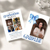 Simple Blue Bow Design Graduation with Photos Einladung