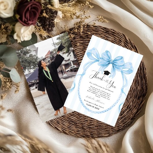 Simple Blue bow  graduation thank you message Dankeskarte