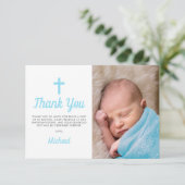Simple Blue Boy Taufe Christening Foto Dankeskarte (Stehend Vorderseite)