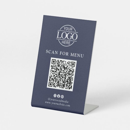 Simple Blue Business Logo Contactles QR Code Menu Sockelschild (Vorderseite)