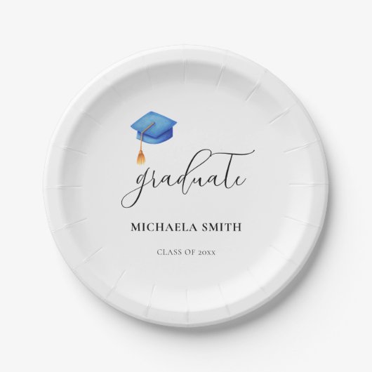 Simple Blue Cap Script High School Graduate Pappteller (Vorderseite)