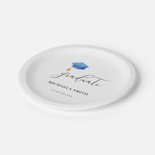 Simple Blue Cap Script High School Graduate Pappteller (Schrägansicht)