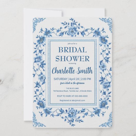 Simple Blue Chinoiserie Brautparty Einladung (Vorderseite)