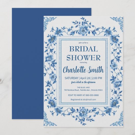 Simple Blue Chinoiserie Brautparty Save The Date (Vorne/Hinten)
