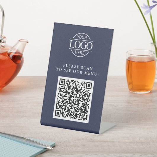 Simple Blue Custom Business Logo QR Code Menu  Sockelschild (In SItu)