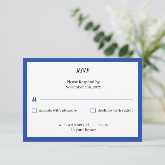 Simple Blue Custom Wedding RSVP Karte (Stehend Vorderseite)
