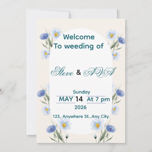 Simple Blue Floral Wedding Invitation Einladung (Vorderseite)