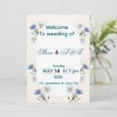 Simple Blue Floral Wedding Invitation Einladung (Stehend Vorderseite)