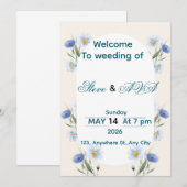 Simple Blue Floral Wedding Invitation Einladung (Vorne/Hinten)
