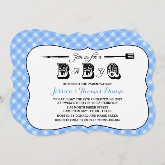 Simple Blue Gingham GRILLEN Baby Shower Einladunge Einladung (Vorne/Hinten)