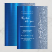Simple Blue Glitzer Metallic Blue Sweet 16 Einladung (Vorne/Hinten)