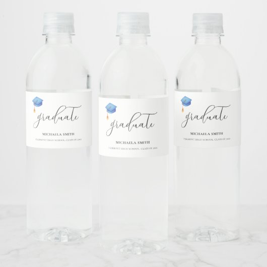 Simple Blue Graduation Cap Script Graduate Wasserflaschenetikett (Flaschen)