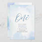 Simple Blue Heart One 1st Boy Birthday Party Einladung (Vorne/Hinten)