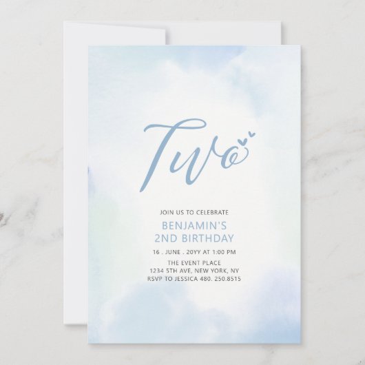 Simple Blue Heart Two 2. Boy Birthday Party Einladung (Vorderseite)