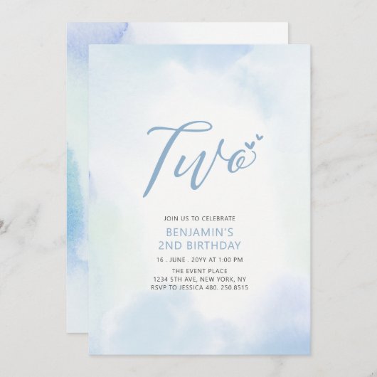Simple Blue Heart Two 2. Boy Birthday Party Einladung (Vorne/Hinten)