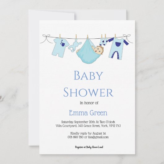 Simple Blue Illustration Boy Baby Shower Einladung (Vorderseite)