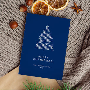 Simple Blue Line Art Frohe Weihnachtsbaum Feiertagskarte