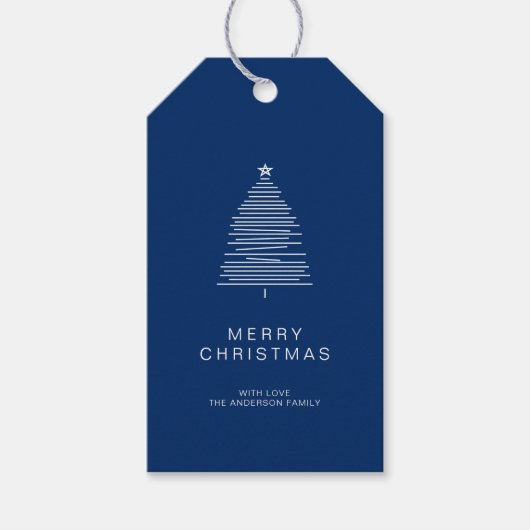 Simple Blue Line Art Frohe Weihnachtsbaum Geschenkanhänger (Vorderseite)