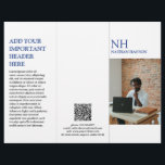 Simple Blue Monogram Modern Broschüre<br><div class="desc">Moderner Dreifach-Broschüren-Flyer (wird entfaltet) mit einem schlichten und minimalen Blau-Weiß-Design mit Ihrem Monogramm in einem kühlen Schriftart zusammen mit Ihrem Firmennamen und Foto auf der Vorderseite. Die Innenseite hat Ihre Preisliste / Service-Menü und die Rückseite hat Ihre Kontaktinformationen und optionalen QR-Code. Sie können den QR-Code mit den dreifachen Markierungen im...</div>