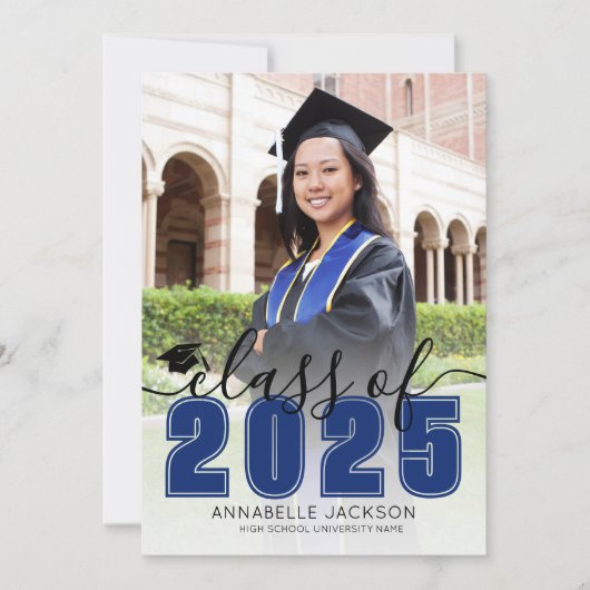 Simple Blue Script Graduate Foto Abschluss Ankündigung (Vorderseite)