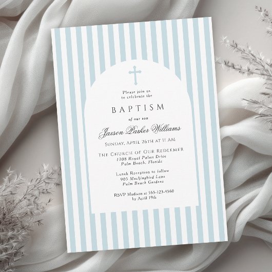 Simple Blue Stripes Baptism Invitation for Boy Einladung