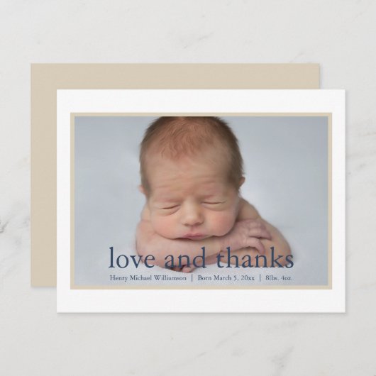 Simple Blue Tan Newborn Foto Dankeskarte (Vorne/Hinten)