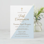 Simple Blue White Gold Moderne Erste Kommune Einladung (Stehend Vorderseite)